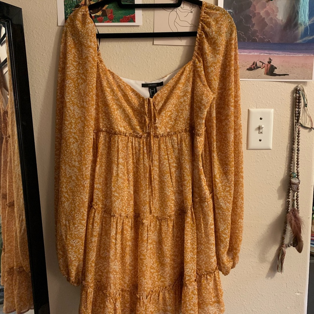 Yellow floral peasant mini dress